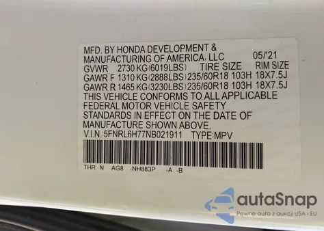 2022 Honda Odyssey Ex-L z USA, uszkodzony, nr VIN 5FNRL6H77NB021911